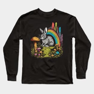 Mushroom Rainbow Forest Rabbit Vintage Illustration Long Sleeve T-Shirt
